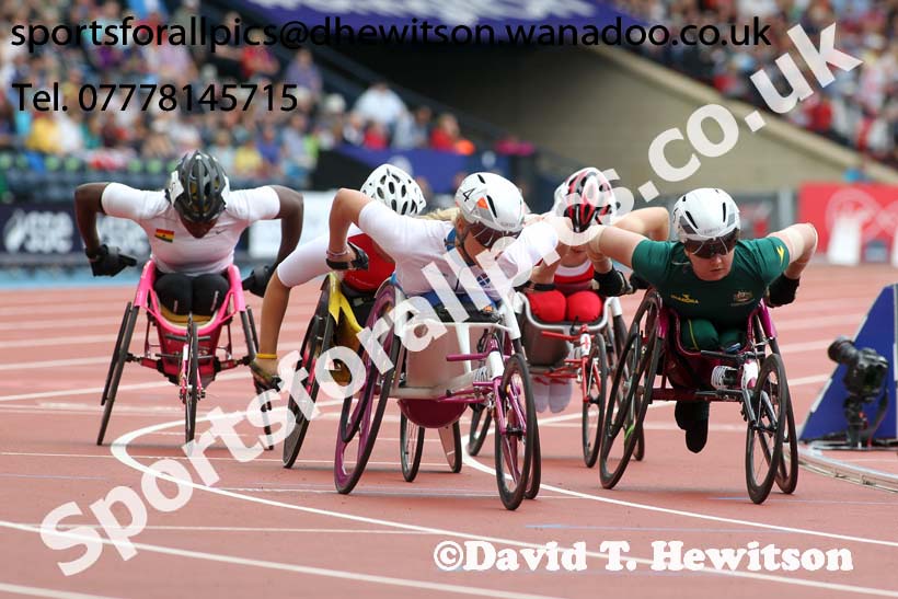 Samantha Kinghorn (Scotland) and Angela Ballard (Australia) in a heat of the womens Para-Sport 1500 metres T54  at the Commonwealth Games, Glasgow. Photo: David T. Hewitson/Sports for All Pics